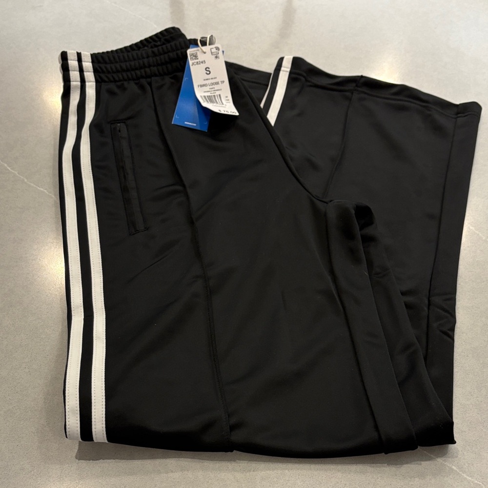 adidas Black women wide leg small Joggers with White Stripes